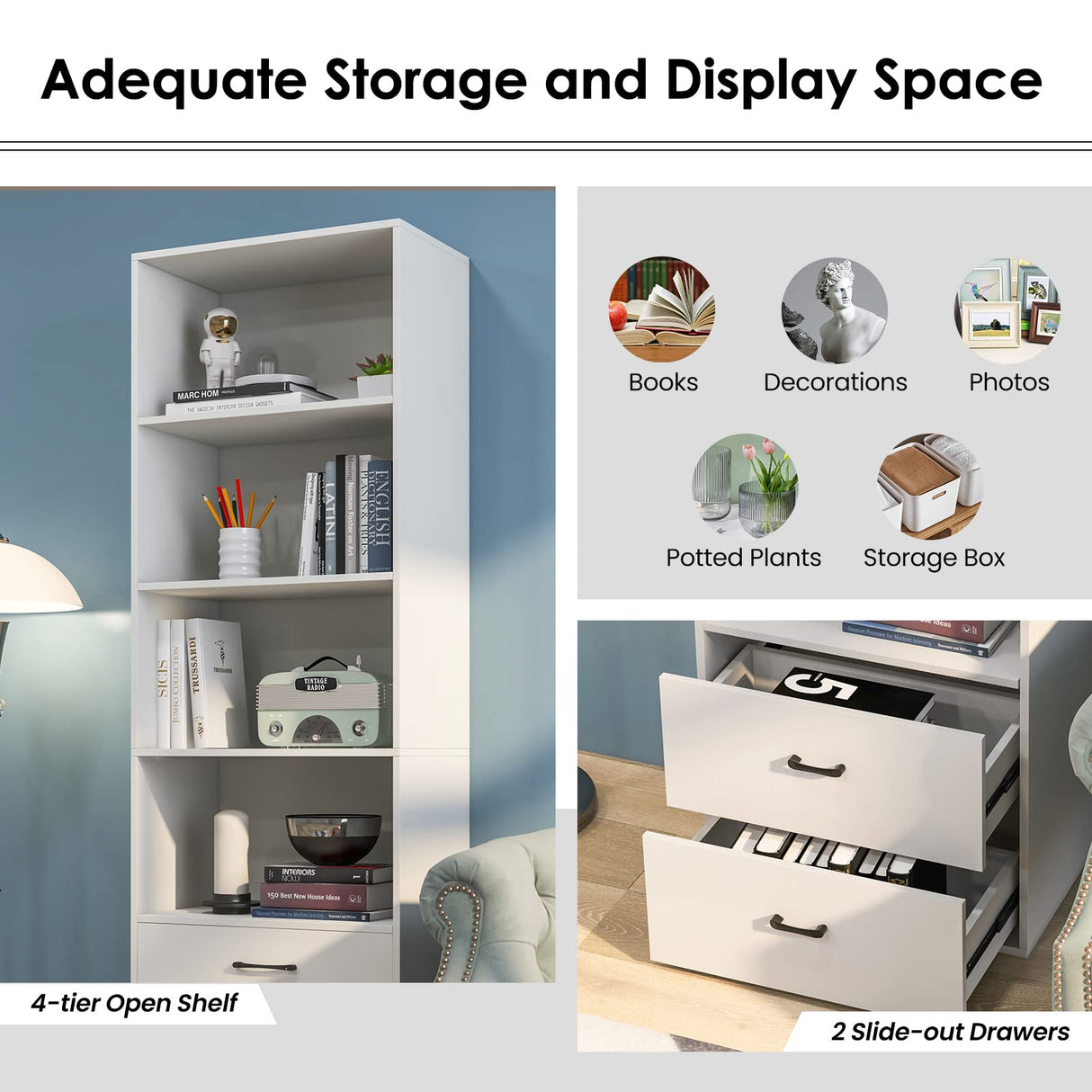 Tangkula 4 Shelf Bookcase with 2 Drawers, 74 Inch 4 Tiers Tall Open Bookshelf with 2 Slide-Out Drawers, Anti-toppling Device, Freestanding Wood Storage Shelf for Home Office (White, 74" H) Tangkula