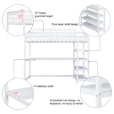 Merax Twin Size White Wood Loft Bed with Under-Bed Desk and 4 Storage Shelves Merax