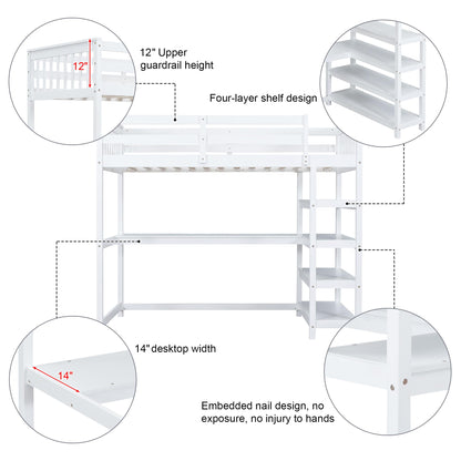 Merax Twin Size White Wood Loft Bed with Under-Bed Desk and 4 Storage Shelves - WoodArtSupply