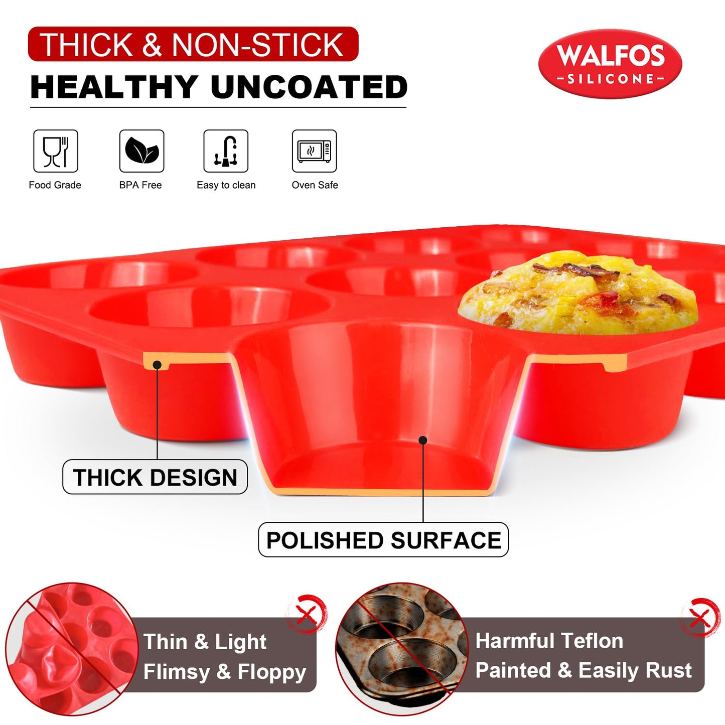 Walfos Silicone Muffin Pan - 12 Cups Regular Silicone Cupcake Pan, Non-stick Silicone Great for Making Muffin Cakes, Tart, Bread - BPA Free and Dishwasher Safe