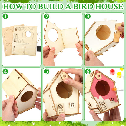 VioraWhite 14 Pcs Bird House Crafts Wooden Bird Houses to Paint DIY Birdhouse Kit Wood Building Projects Activities Arts and Crafts Kit Includes Paints Brushes Adults Build Craft