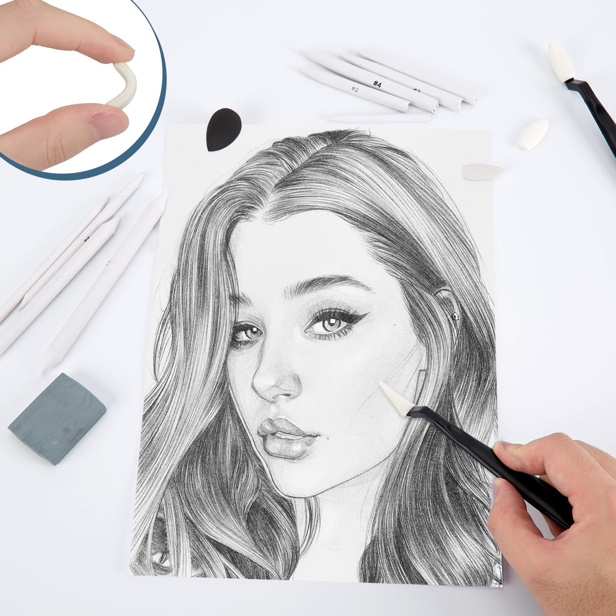 AGPTEK 48 PCS Sketch Drawing Tools, 20 Blending Stumps Set and 2 Sandpaper Pencil Sharpeners, Pencil Extension, Erasers,20 sponge replacement heads & 1 Felt Bag for Student Sketch Drawing Accessories AGPTEK