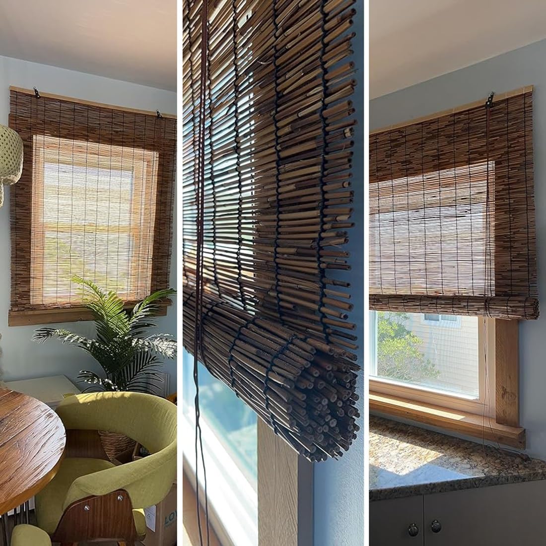 Bamboo Roller Blinds for Living Room Windows, Sun Bamboo Window Blind 15" 20" 22" 24" 26" 28" 30" 32" 34" 36" 38" 40" 42" 44" 46" 48" 50" 52" 57" 62" 67" 72" Roll-up Shade Customizable Cordless Cocoa WoodArtSupply