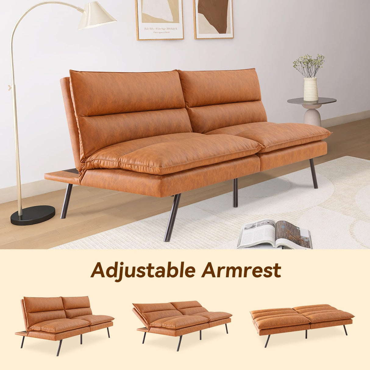 Hcore Convertible Armless Futon Sofa Bed,Faux Leather Futon Couch,Memory Foam Modern Loveseat Couch,Sleeper Sofa Bed Small Splitback for Small Spaces,Living Room,Office,RV,Apartment,Brown Hcore