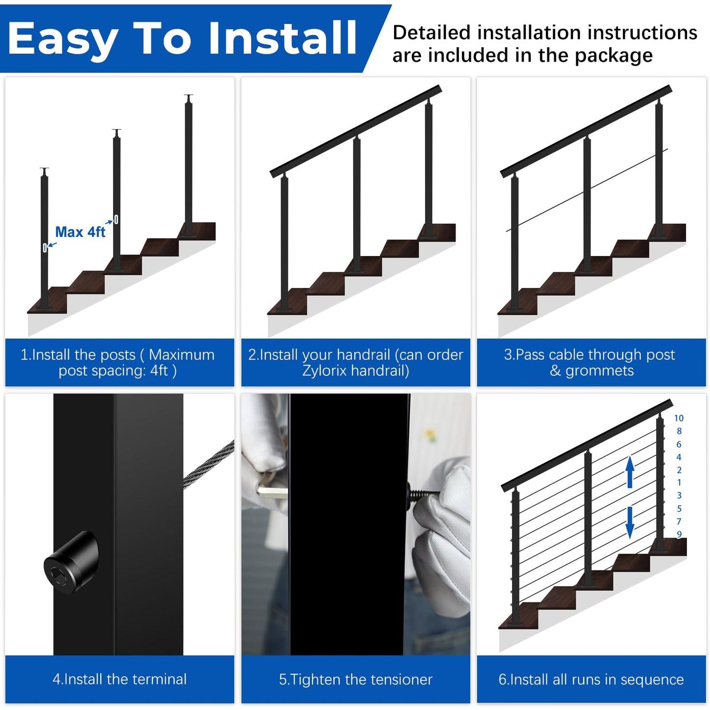 Zylorix 36" One-Stop Black Cable Railing Posts Kit(Super Easy DIY), Include 4Pack Stair Posts for 25-35°Stairway, 177ft Wire Rope, Complete Cable Railing System DIY Kit with Cutter(No Handrail)