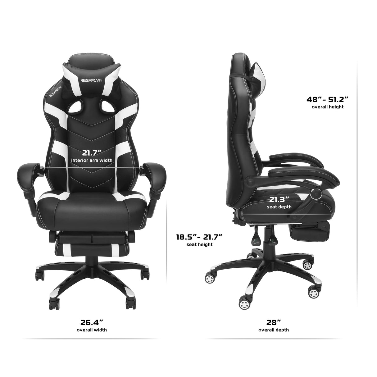RESPAWN 110 Pro Gaming Chair - Gaming Chair with Footrest, Reclining Gaming Chair, Video Gaming Computer Desk Chair, Adjustable Desk Chair, Gaming Chairs For Adults With Headrest Pillow - White RESPAWN