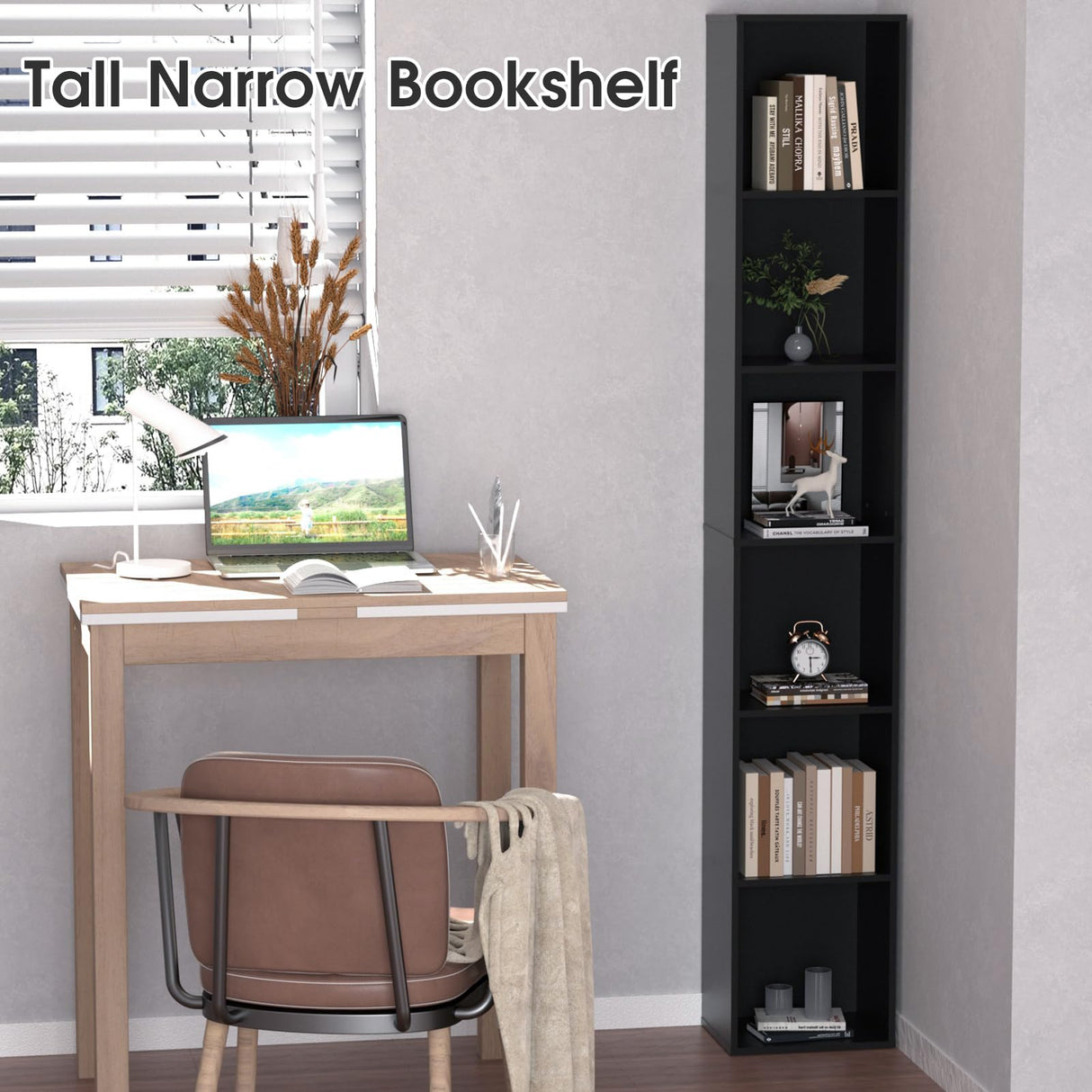QieerHior Tall Narrow Bookshelf 6-Tier Bookcase,70.5" Skinny Thin Corner Shelf Slim Storage Cabinet,Wood DVD CD Media Cube Organizer Tower Rack for Small Spaces, Bedroom, Living Room, Office,Black QieerHior