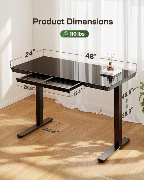 Marsail Glass Standing Desk with Drawer, 48 x 24 inch Electric Standing Desk, Height Adjustable Desk with One-Piece Tabletop & USB Charging Ports, Sit Stand Desk with Storage for Home & Office Black Marsail