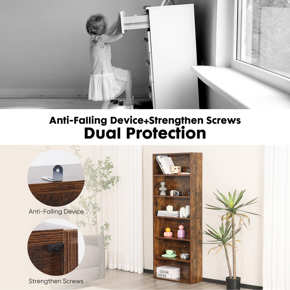 Sweetcrispy Industrial 6 Shelf Bookcase - Large 63 Inch Tall Floor Standing Open Bookshelf with Anti-Tipping Device for Home Office, Living Room, and Bedroom Storage, Rustic Brown Sweetcrispy