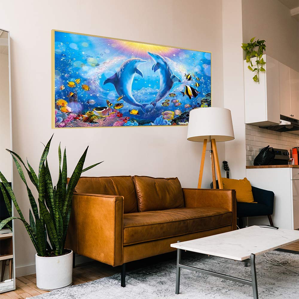 DIY 5D Diamond Painting Kits for Adults Dolphin Embroidery Full Round Drill Large Size(31.5x11.8 inch) Diamond Crystal Gem Arts Painting Craft for Home Wall Decor XWJJ
