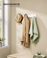 SONGMICS Wall-Mounted Coat Rack, Hook Rack, 5 Dual Metal Hooks, for Coats, Bags, Keys, in The Entryway, Bedroom, Living Room, White ULHR235W01 SONGMICS