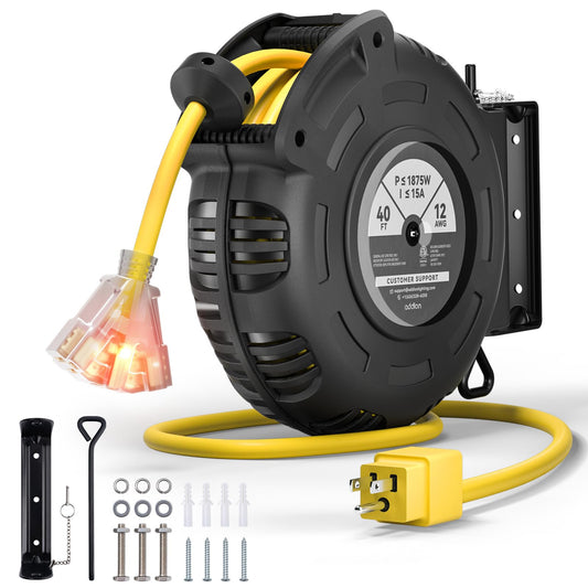 addlon Retractable Extension Cord Reel - 40FT Heavy Duty 12 AWG Power Cord with 5FT Ultra Lead in, 3 LED Outlets, Safety 15 Amp Circuit Breaker, Ceiling/Wall Mount for Workshop/Garage - SJTOW - WoodArtSupply