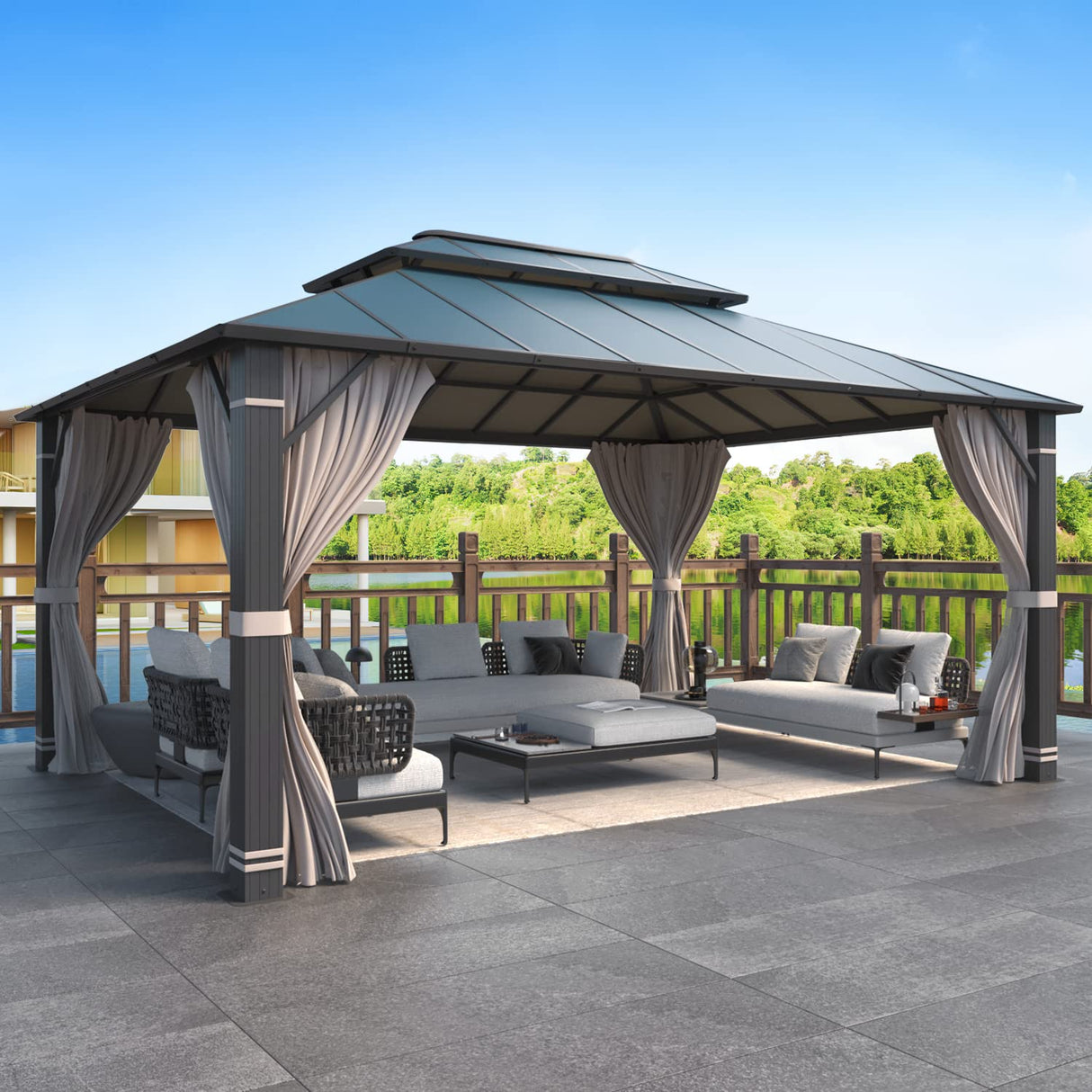 MELLCOM 12x16FT Hardtop Gazebo, Permanent Outdoor Aluminum Patio Gazebo with Aluminum Composite Double Roof for Patio Lawn and Garden, Curtains and Netting Included MELLCOM