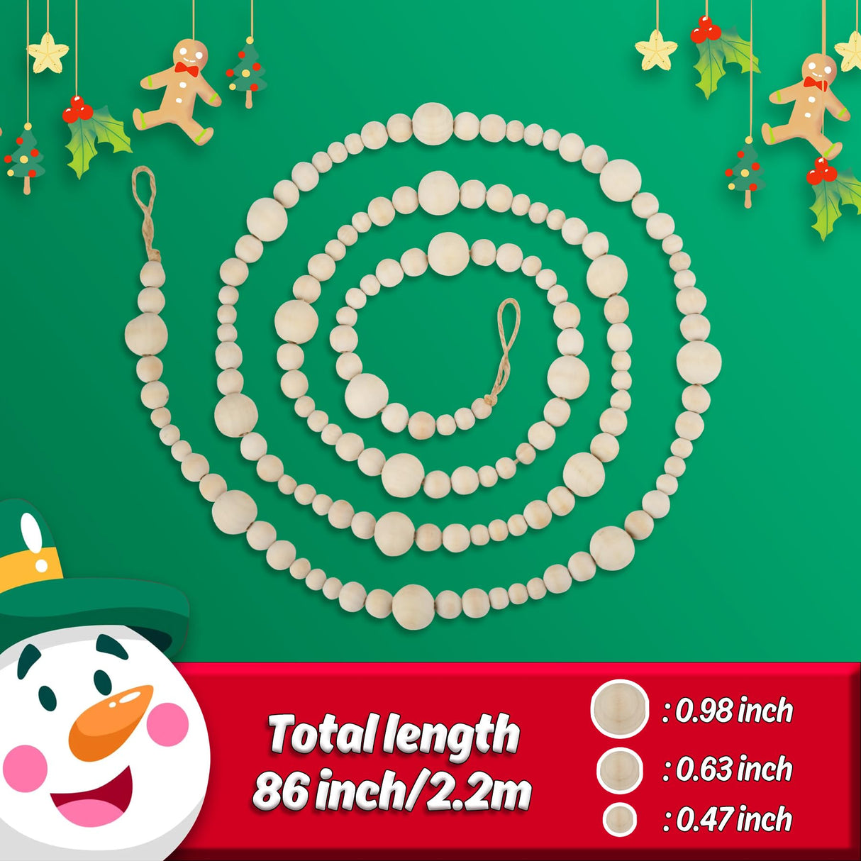 4PCS Wood Beads Garland Christmas, 28.8Feet Wooden Bead Garland for Christmas Tree Decoration, Round Wooden Beads Farmhouse Boho Ornaments for Wall Hanging Home Decor Abitoncc