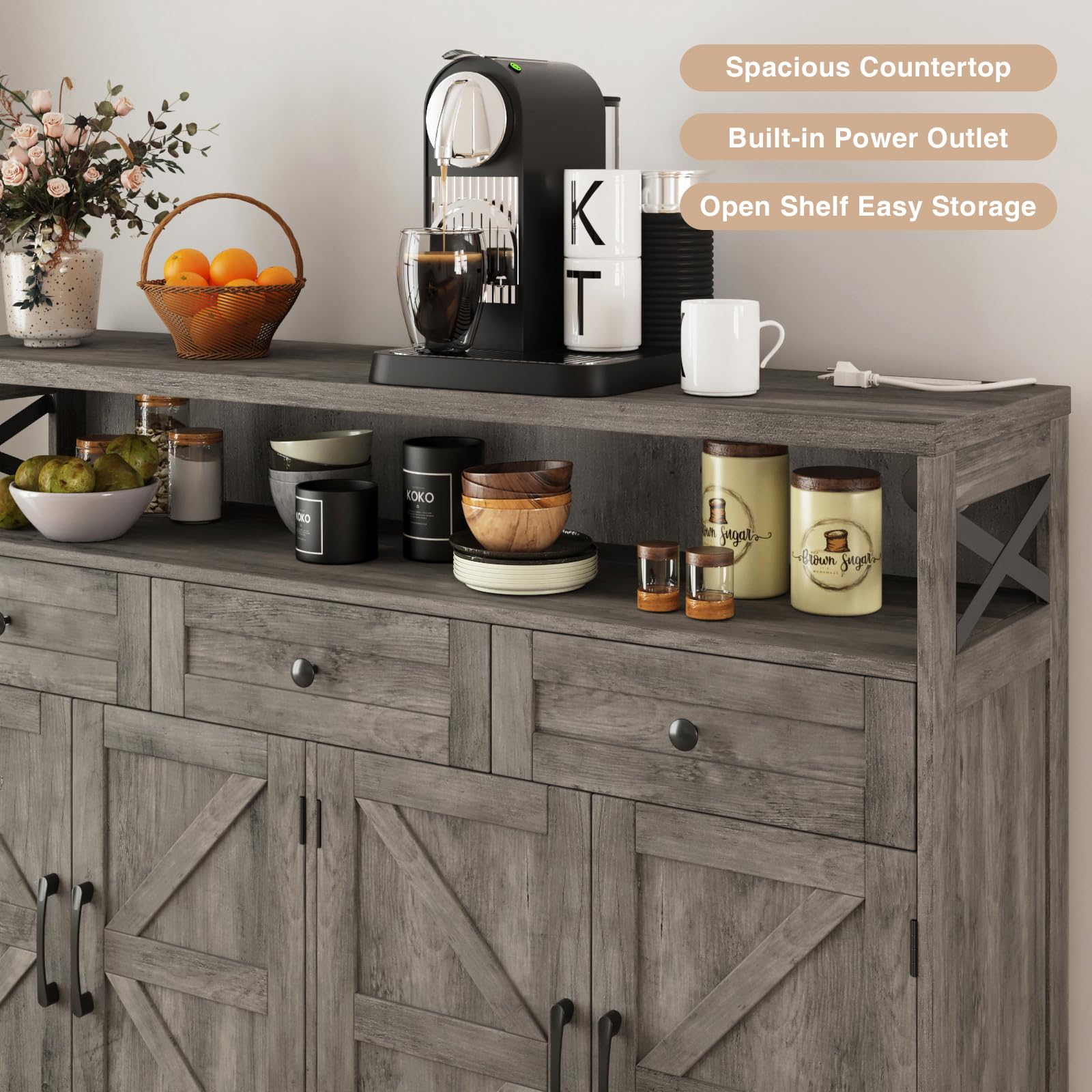 Befrases Farmhouse Buffet Cabinet with Drawers, Sideboard with Storage, Kitchen Pantry Cabinet Hutch, Wood Coffee Bar Station Cabinet for Kitchen, Dining Room, Livingroom, 52" L Rustic Grey - WoodArtSupply