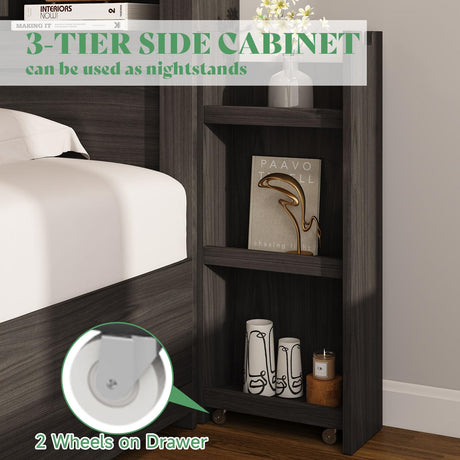AMERLIFE Full Size Bed Frame with 4 Storage Drawers, LED Bed Frame with 49.6" Tall Bookcase Headboard, Wood Platform Bed with Charging Station & 2 Slide Bedside Shelf, No Box Spring Needed/Black AMERLIFE