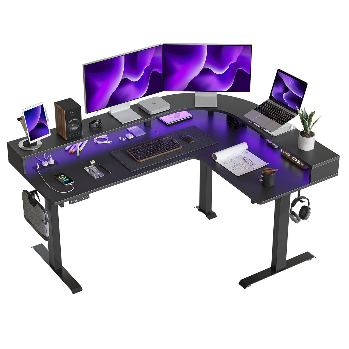 FEZIBO L Shaped Standing Desk with Arc LED & Power Outlet, Exclusive Uprated 3 Motors Support 330LBS, Electric Height Adjustable L Shaped Desk with Large Monitor Stand, for Gaming Office, Black FEZIBO