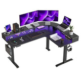 FEZIBO L Shaped Standing Desk with Arc LED & Power Outlet, Exclusive Uprated 3 Motors Support 330LBS, Electric Height Adjustable L Shaped Desk with Large Monitor Stand, for Gaming Office, Black FEZIBO