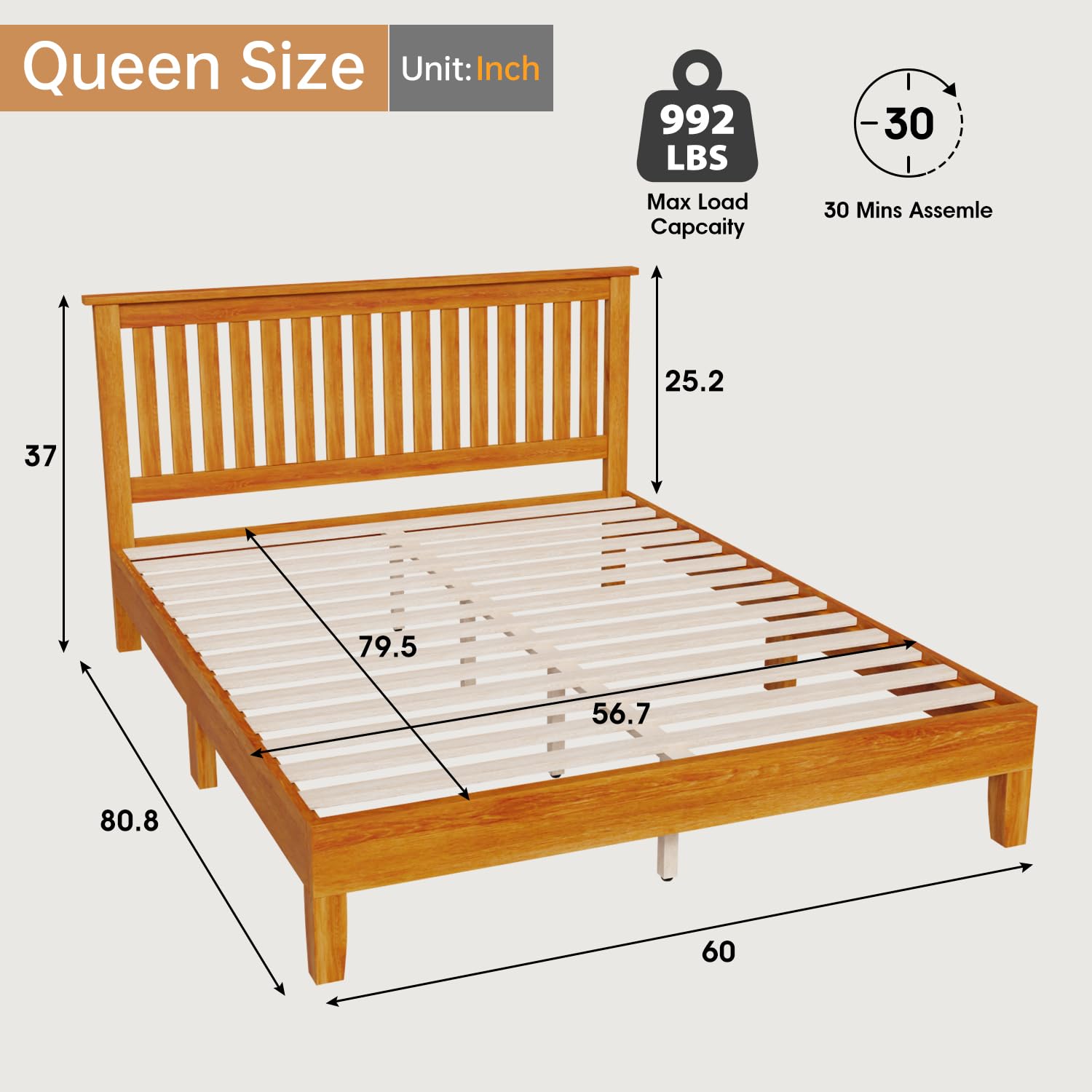 PayLessHere Solid Wood Platform Bed Frame with Headboard - Queen, Brown, Easy Assembly, No Box Spring Needed - WoodArtSupply