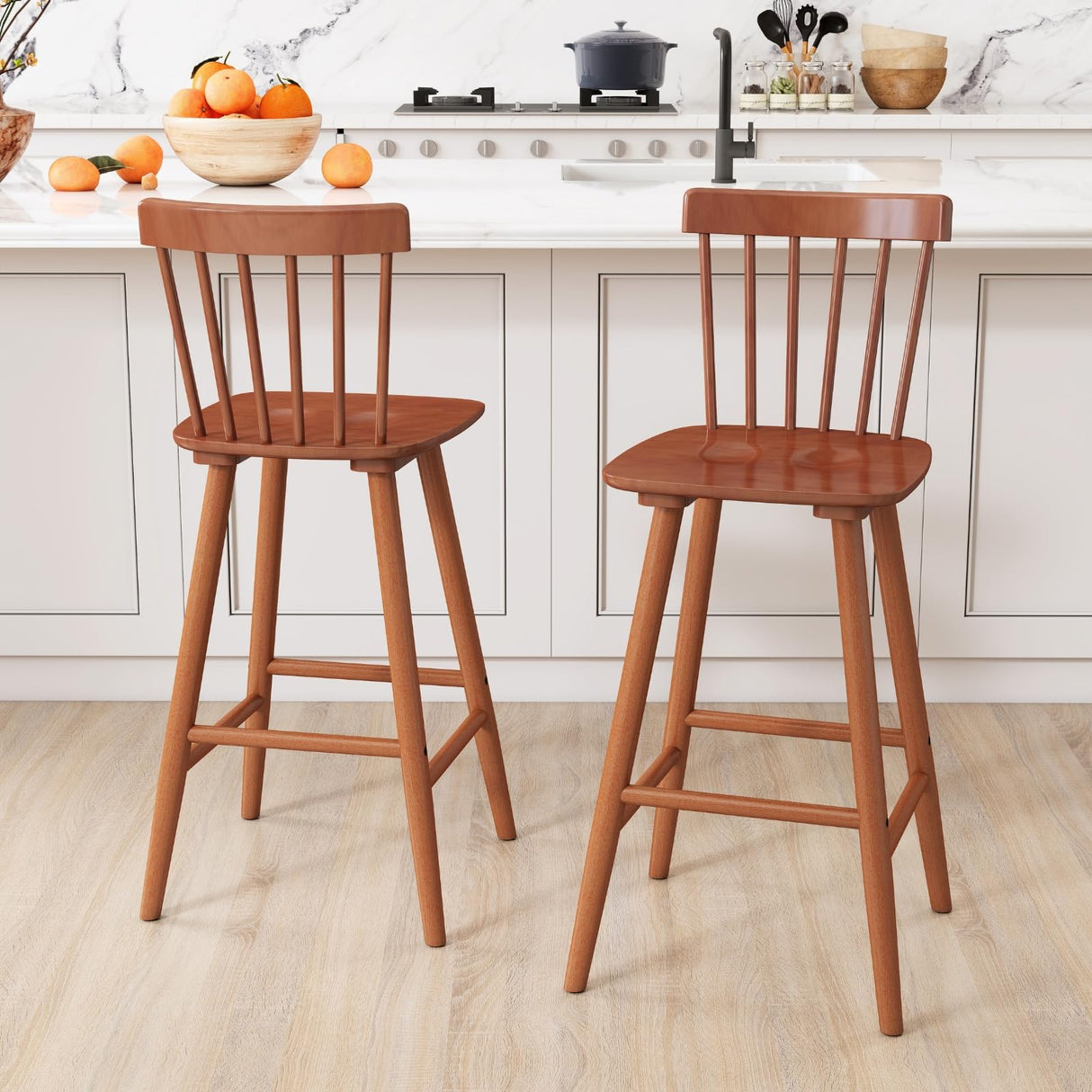 chairus 26" Farmhouse Wooden Bar Stools Set of 2, Windsor Spindle Back Counter Height Stools, Modern Armless Bar Chairs for Kitchen Island Dining Room Cafe, Walnut Brown chairus