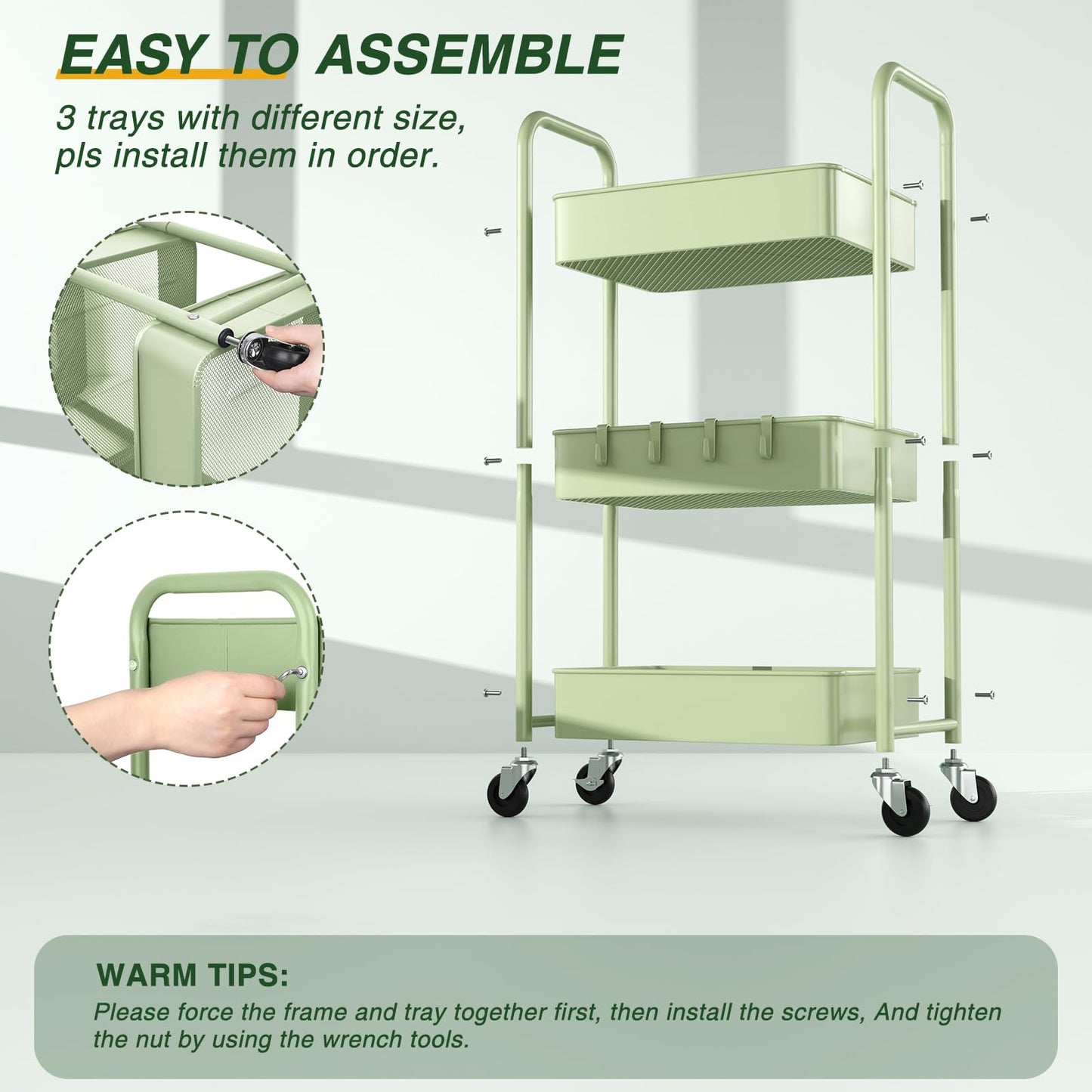 LEHOM 3 Tier Rolling Storage Cart, Metal Trolley Utility Cart with Wheels & Hooks, Easy Assembly Organizer Storage Cart for Bathroom Kitchen Office Bedroom (Green) - WoodArtSupply