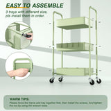 LEHOM 3 Tier Rolling Storage Cart, Metal Trolley Utility Cart with Wheels & Hooks, Easy Assembly Organizer Storage Cart for Bathroom Kitchen Office Bedroom (Green) LEHOM