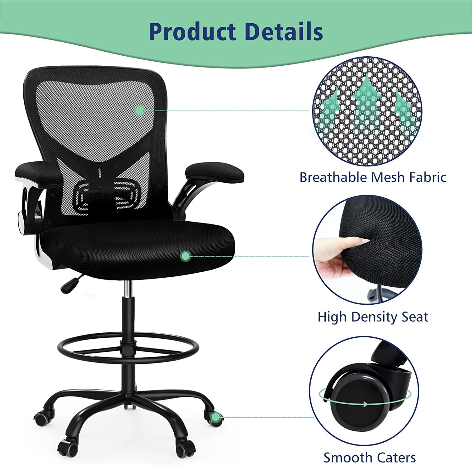 dreamlify Drafting Chair,Tall Standing Desk Chair Comfortable Office Chair with Foot Ring Flip-up Padded Arms Height Adjustable Computer Task Chair Ergonomic Mesh Mid-Back Desk Chair,Black - WoodArtSupply