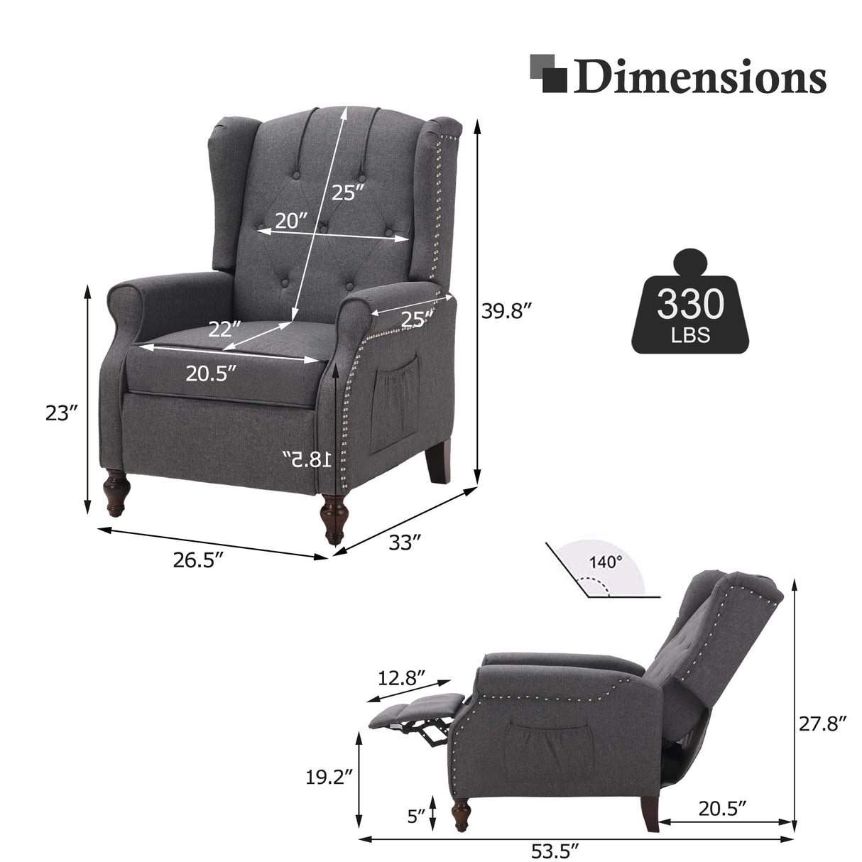 B BAIJIAWEI Tufted Wingback Recliner - Massage & Heat Function - Fabric Push Back Recliner with Remote Control, Adjustable Backrest (Grey) B BAIJIAWEI