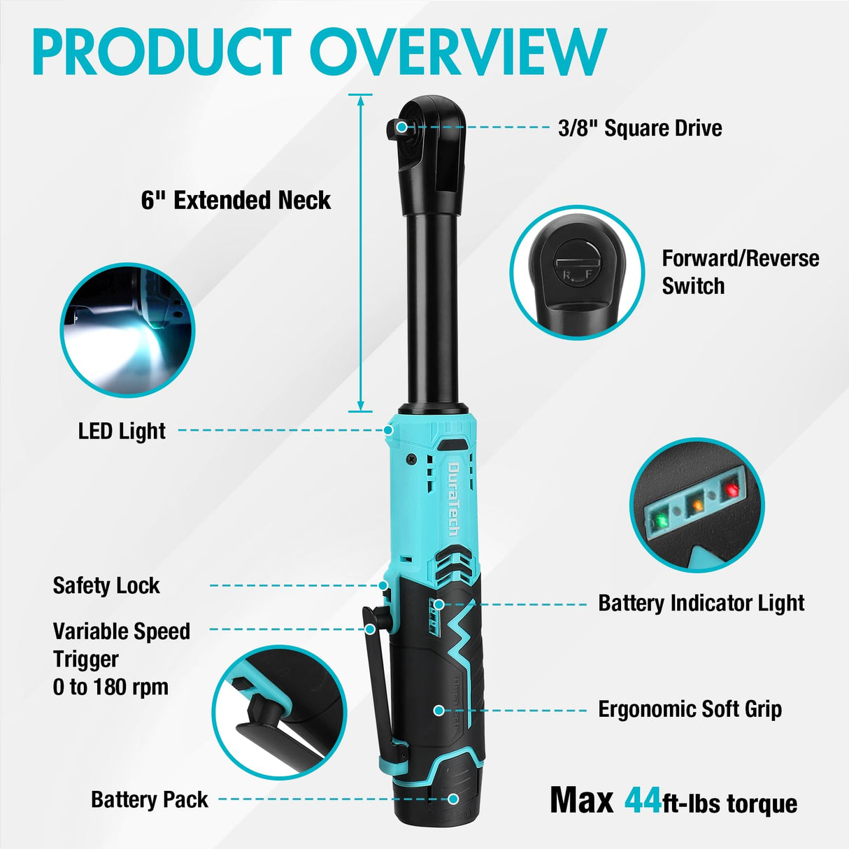 DURATECH Extended Cordless Ratchet Wrench, 3/8" 12V 44 Ft-Lbs Long Neck Electric Ratchet Wrench with 2-Pack 2.0Ah Li-Ion Battery, 1 Hour Fast Charger, 10 Sockets Accessories & Variable Speed Trigger DURATECH