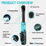 DURATECH Extended Cordless Ratchet Wrench, 3/8" 12V 44 Ft-Lbs Long Neck Electric Ratchet Wrench with 2-Pack 2.0Ah Li-Ion Battery, 1 Hour Fast Charger, 10 Sockets Accessories & Variable Speed Trigger DURATECH