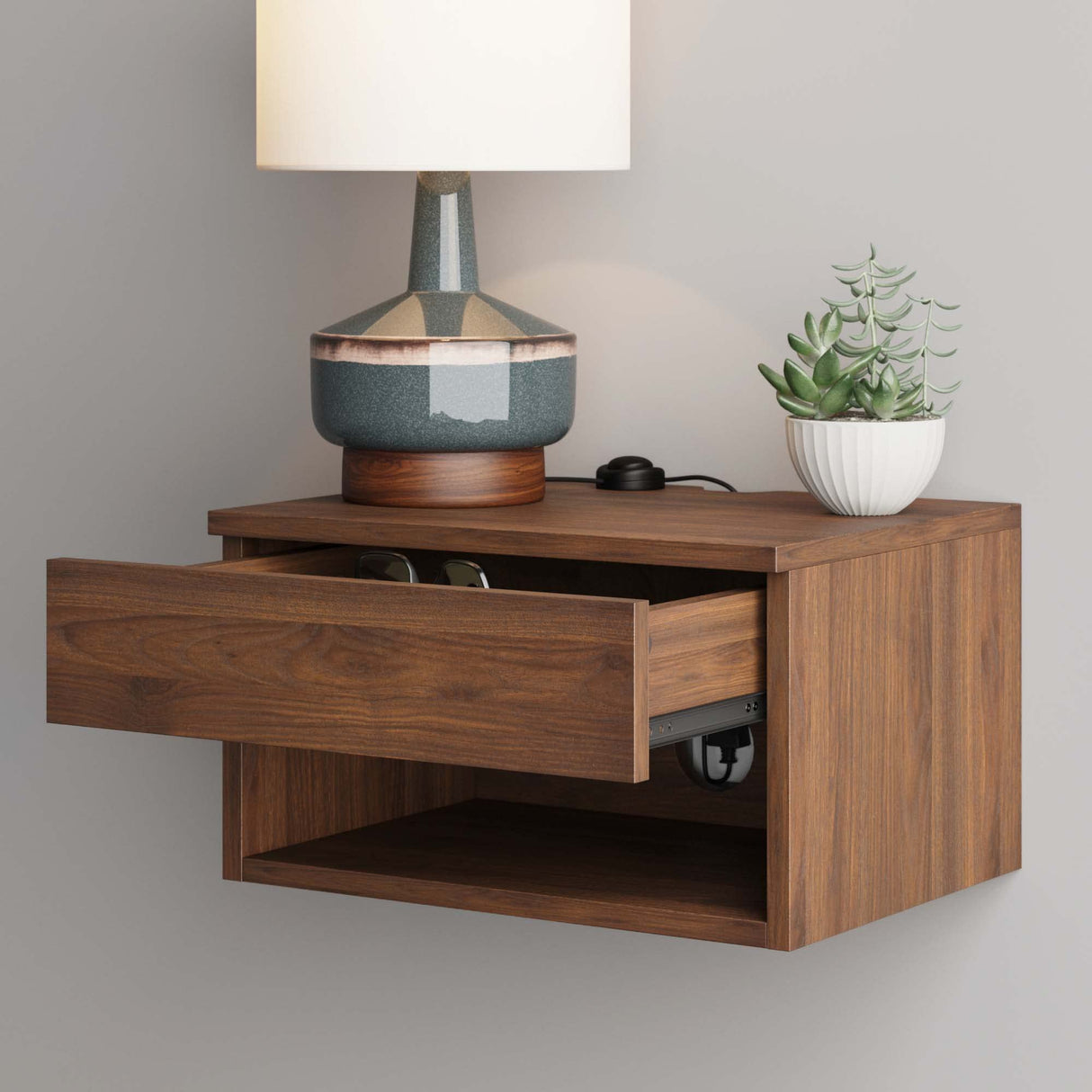 Nathan James Jackson Wall Mounted Floating Bedroom Nightstand with Storage Drawer and Modern Open Shelf Cubby, Dark Brown Walnut Nathan James