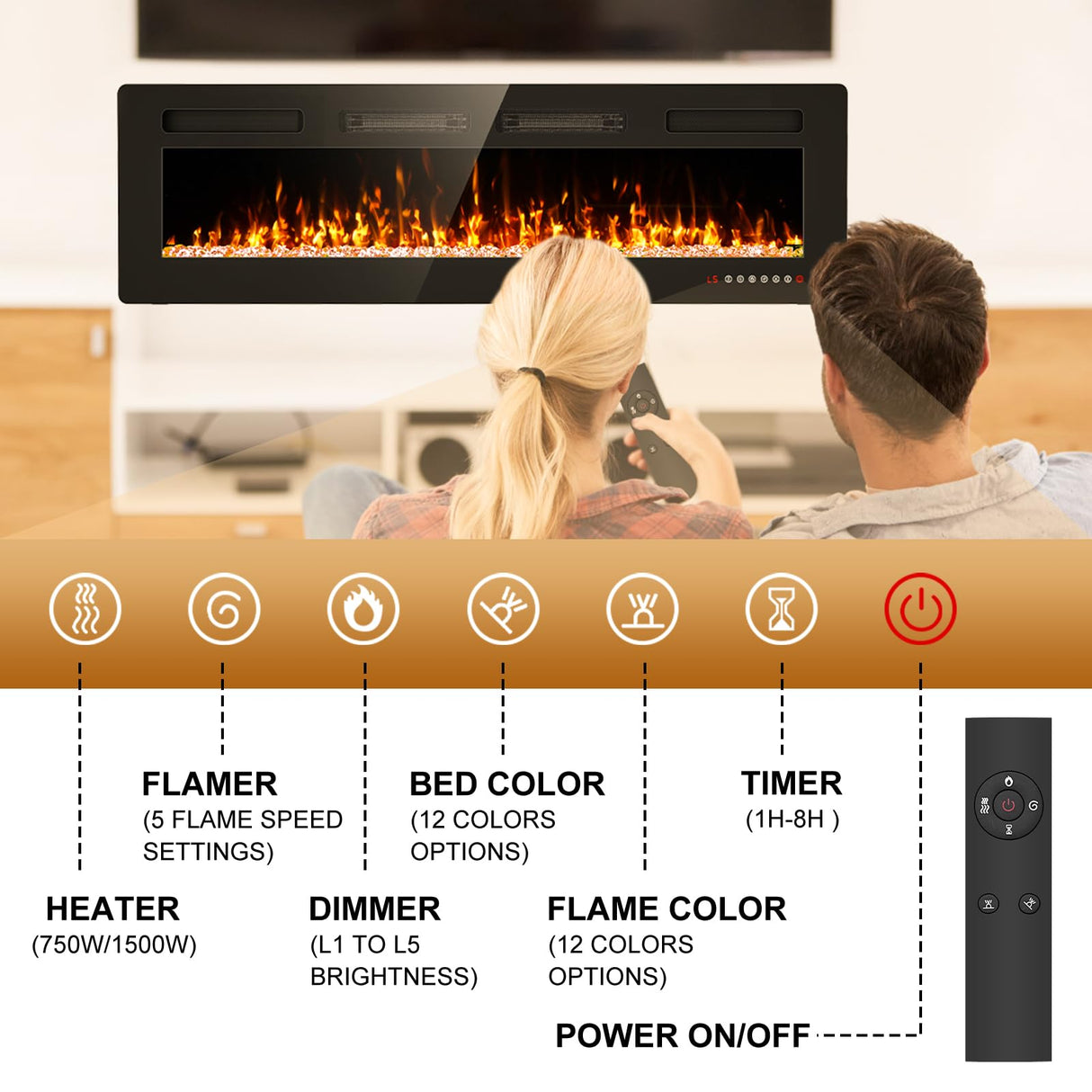 60 inch Electric Fireplace Inserts and Wall Mounted with Remote Control & Touch Screen 1500W Fireplace Heater with Timer Eueiriup