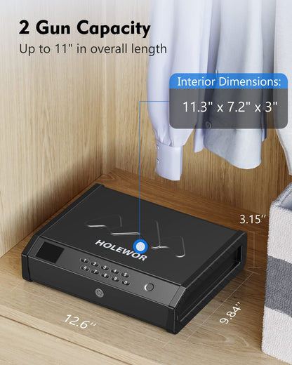 HOLEWOR Gun Safe, Biometric Gun Safes for Pistols with LCD Display of Temperature Humidity, Fingerprint Quick Access Pistol Safe Solid Handgun Safe with USB C Port - WoodArtSupply