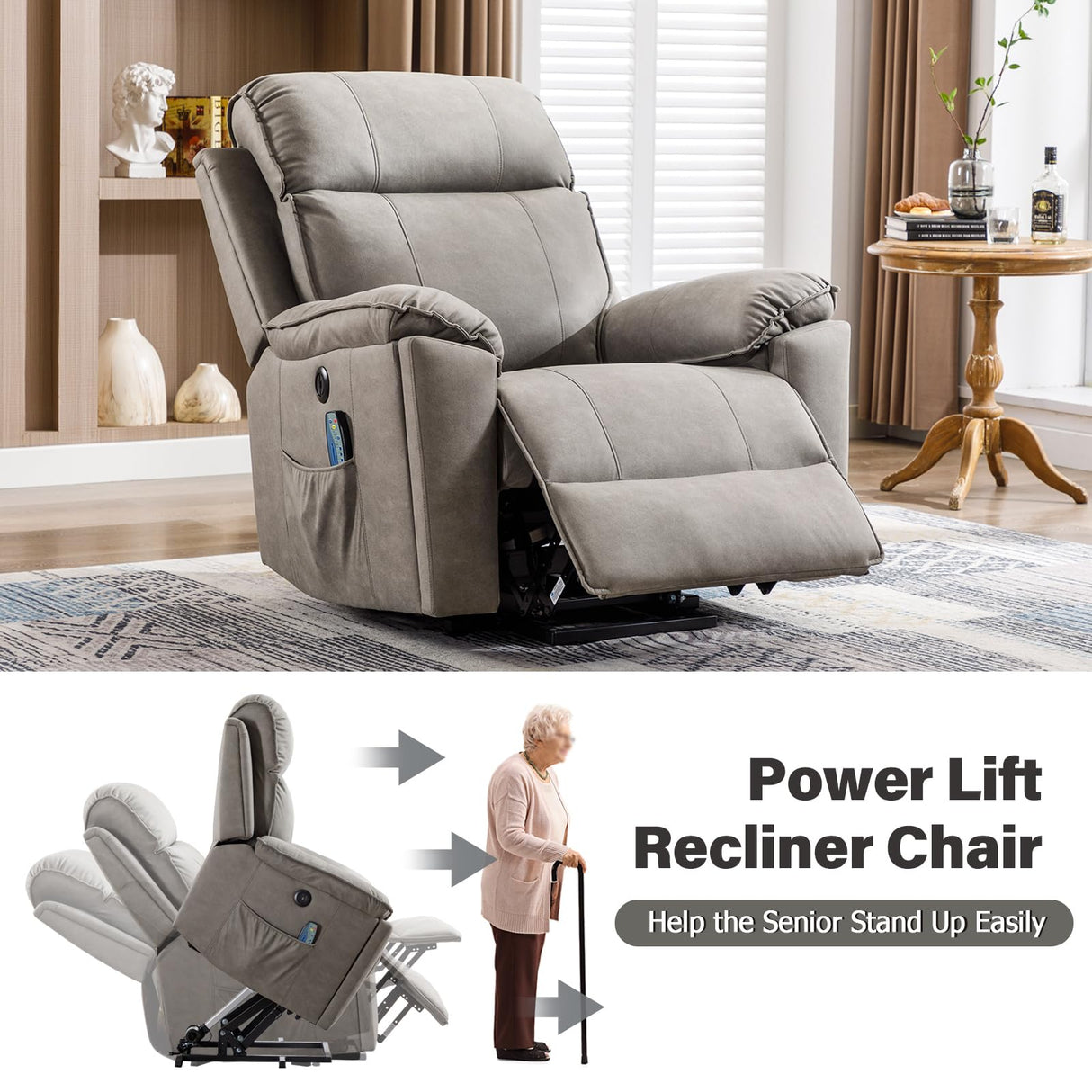 Phoenix Home Power Lift Chair with Massage and Heat for Elderly Recliner, Green Grey Phoenix Home