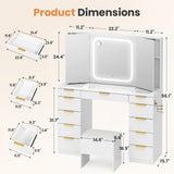 Pamapic 11 Drawers Vanity Desk with Foldable Mirror, Glass Top Makeup Vanity with LED Lights, 3 Lighting Modes, Golden Handles Dressing Table with Chair and Power Outlet Pamapic