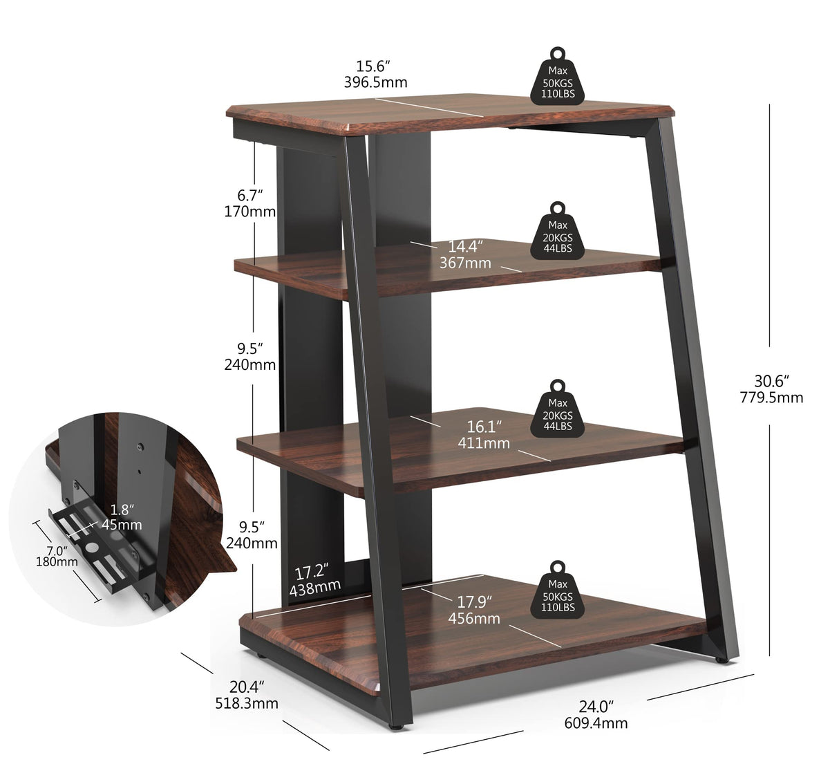 FITUEYES DESIGN 4-Tier AV Media Stand Corner Shelf for Record Player Wooden Stereo Cabinet Audio Rack Tower with Height Adjustable Wooden Shelves for/Apple TV/Xbox One/ps4 (Walnut) FITUEYES