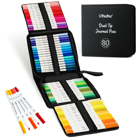 Ohuhu Markers for Adults Coloring Books 80 Colors Coloring Markers Pens for Journaling Water-Based Dual Tips Extra Fine & Brush Art Markers for Calligraphy Lettering Card-making Ohuhu