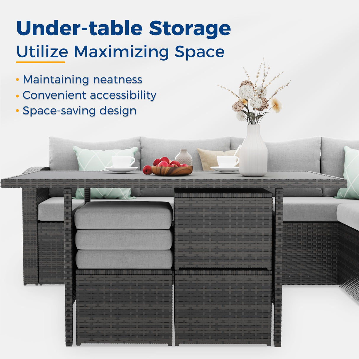 Wisteria Lane Outdoor Patio Furniture Set, 7 Piece Wicker Rattan Outdoor Dining Set with Dining Table and Ottomans, Patio Table and Chairs Set, Outdoor Sectional, Grey Wisteria Lane