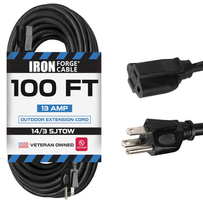 IRON FORGE CABLE Outdoor Extension Cord 100 ft - 14 Gauge 13 Amp Heavy Duty Power Extension Cords - SJTOW - Oil Resistant - Black -Great for Major Appliances, Farms & Ranches