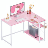 Pamray 43 Inch L Shaped Computer Desk with Reversible Side Storage Shelves, Small Corner Desk for Small Space Home Office,Writing Study Table PC Desk for Bedroom,Pink with White Leg Pamray