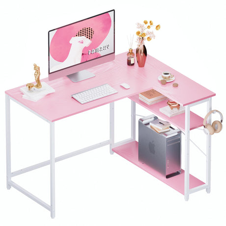 Pamray 43 Inch L Shaped Computer Desk with Reversible Side Storage Shelves, Small Corner Desk for Small Space Home Office,Writing Study Table PC Desk for Bedroom,Pink with White Leg Pamray