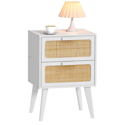 YAUKOMEL Rattan Nightstand, Wood End Table, Side Table with 2 Hand Made Rattan Decorated Drawers,Boho Bedside Table,Wood Accent Table with Storage for Livingroom, Bedroom, White CTG59W