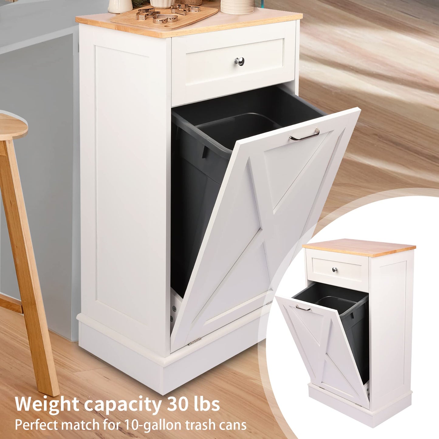 Betterhood Tilt Out Trash Cabinet 10 Gallon Wooden Free Standing Laundry Sorter Cabinet,Recycling Cabinet with Hideaway Drawer,Tilt Out Trash Cabinet Can Bin Kitchen (White) - WoodArtSupply