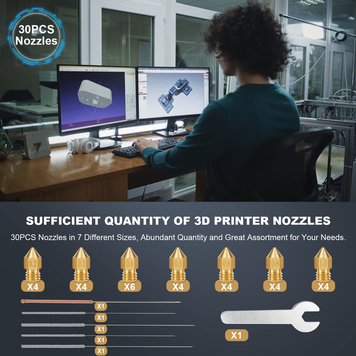 LAIHIFA 30PCS 3D Printer Nozzles, High Temperature&Wear Resistance, Better Thermal Conductivity Brass 3D Printer Nozzle 0.2mm, 0.3mm, 0.4mm, 0.5mm, 0.6mm, 0.8mm, 1.0mm for MK8, Ender 3, Creality CR10 LAIHIFA