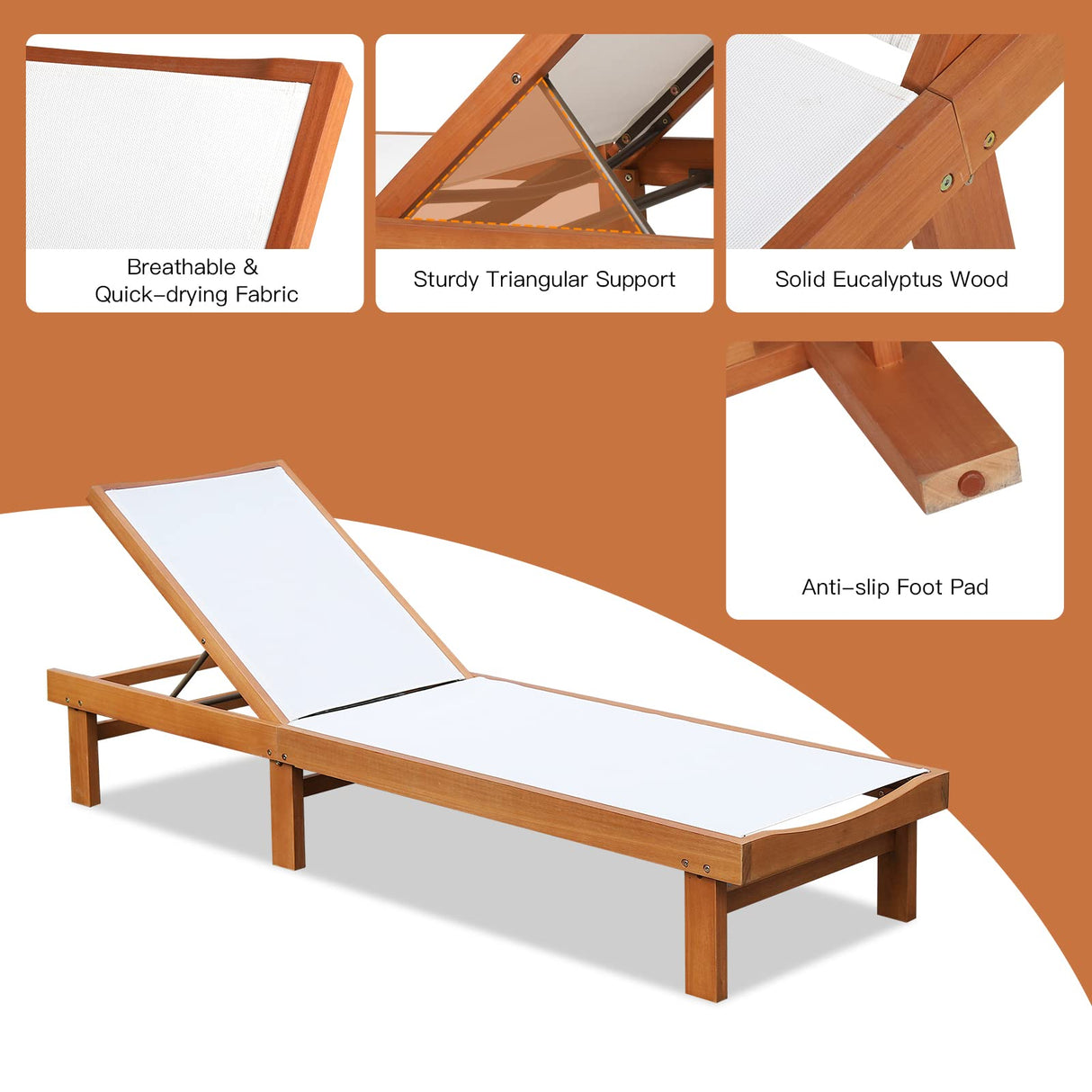 COSTWAY Patio Wood Chaise Lounge Chair, Strong Eucalyptus Wood Frame, 5-Position Adjustable Outdoor Recliner with White Mesh (1) COSTWAY