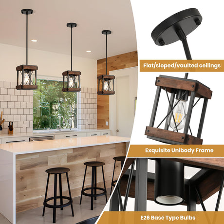 HOXIYA Farmhouse Pendant Light, 2 Pack Rustic Farmhouse Linear Chandelier with Wood and Metal Cage, Kitchen Island Pendant Light Adjustable Height for Dining Room Light Kitchen Island Bedroom HOXIYA
