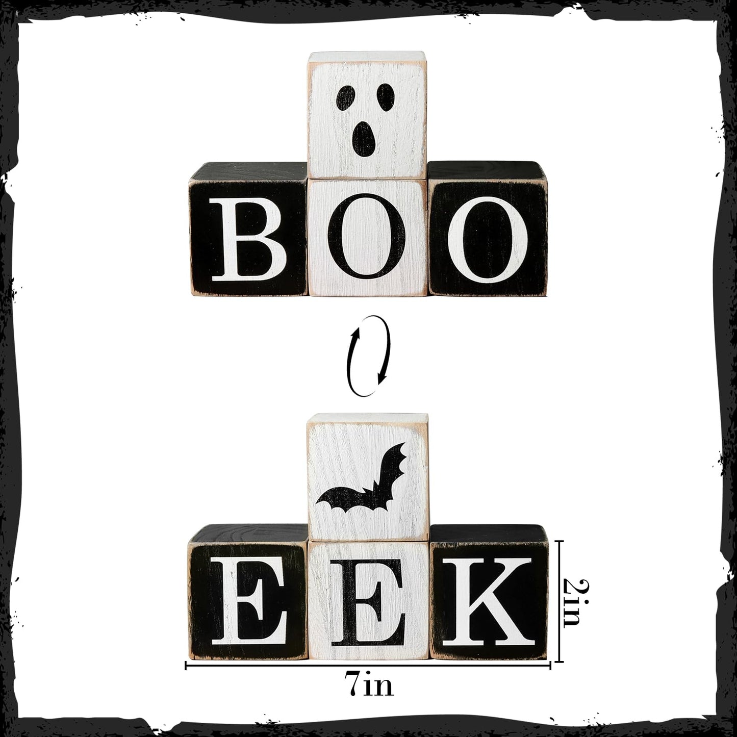 Treory Halloween Table Decorations Indoor: 4PCS Farmhouse Ghost Centerpiece Signs, Black White Boo EEK Double Side Wood Blocks, Rustic Tiered Tray Decor for Office Desk Home Mantel Shelf Fireplace