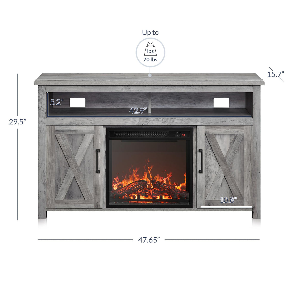 BELLEZE Modern 48" Barn Door Wood TV Stand with 18" Electric Fireplace Heater & Media Entertainment Center Console Table for TV up to 50" with Two Open Shelves and Cabinets - Corin (Grey Wash) BELLEZE