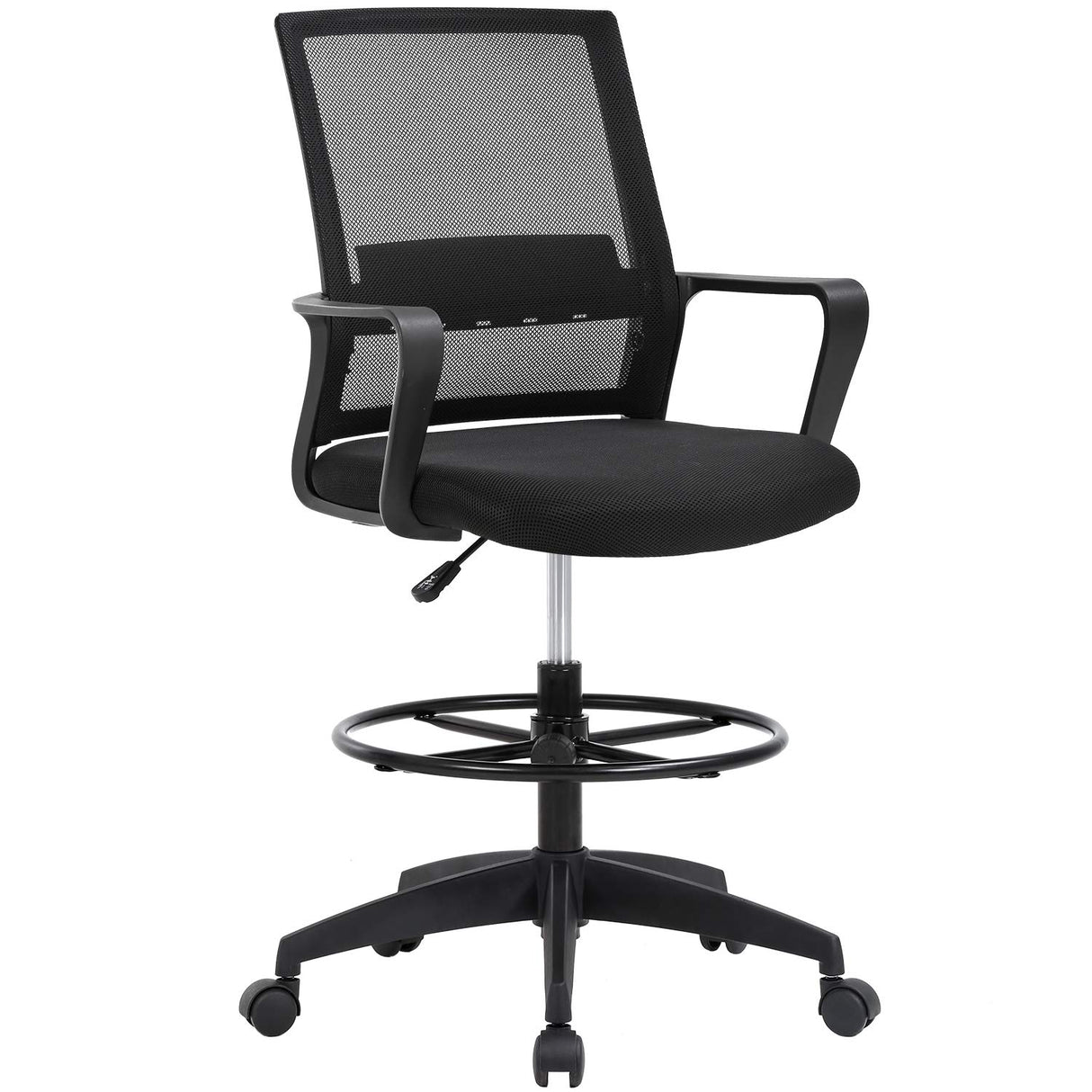 Drafting Chair Tall Office Chair Adjustable Height with Lumbar Support Arms Footrest Mid Back Desk Chair Swivel Rolling Mesh Computer Chair for Adults Standing Desk Drafting Stool(Black) BestOffice