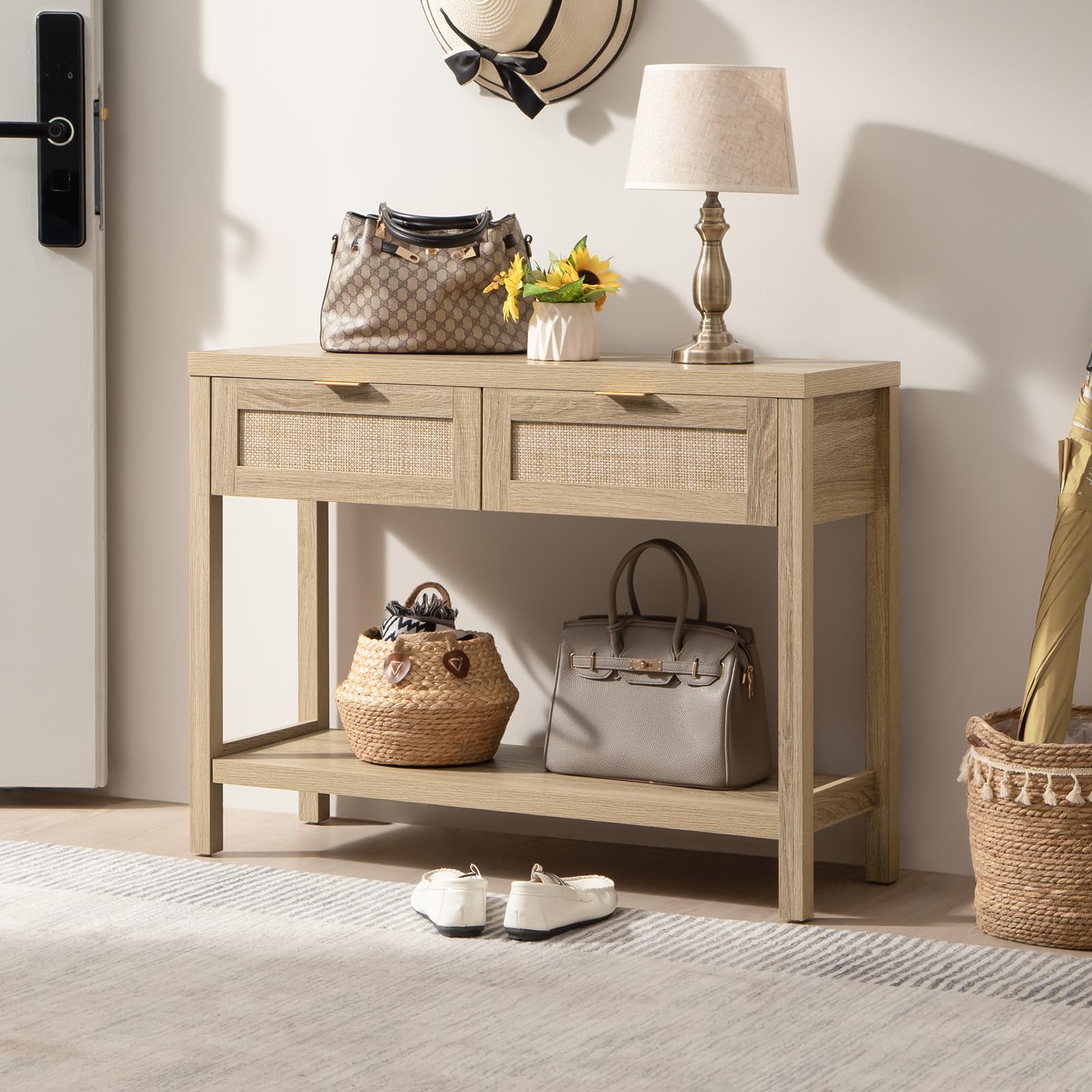 SICOTAS Set of 2 Boho Console Tables with Rattan Drawers and Storage in Reclaimed Light Oak - WoodArtSupply